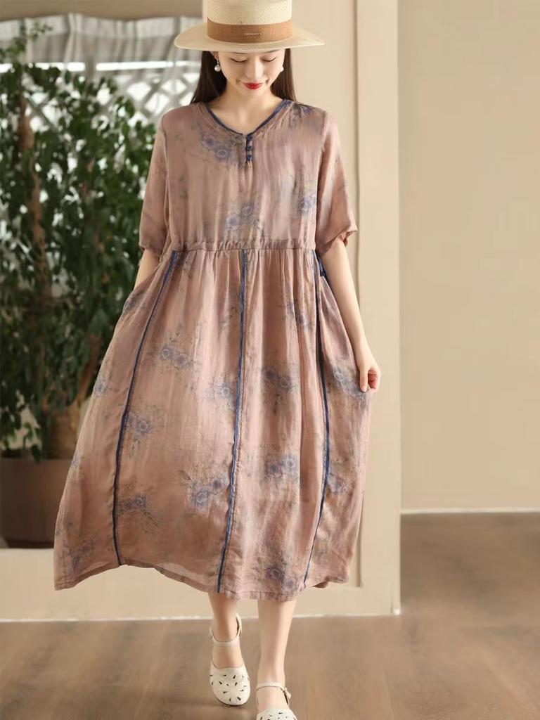 Johnature Женское винтажное платье с цветочным принтом и V-образным вырезом, коротким рукавом, высококачественное летнее повседневное мягкое платье А-силуэта