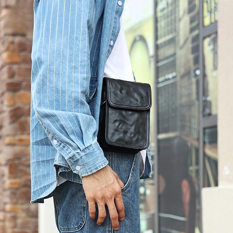 Men's Plant-tanned Leather Shoulder Bag Wear Belt Casual Mobile Phone Fanny Pack Genuine Leather Vintage Crossbody Bag