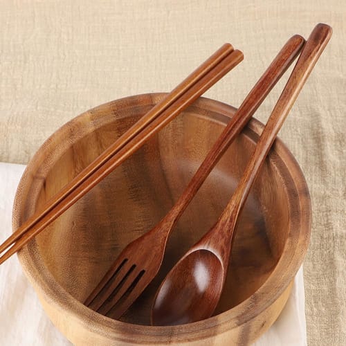 DFsucces 4-Piece Cutlery Set, Natural Wood, 22.5cm Long, One-Piece Design, Includes Dessert Spoon and Pasta Fork, Ideal for Camping, Lunchboxes, and C