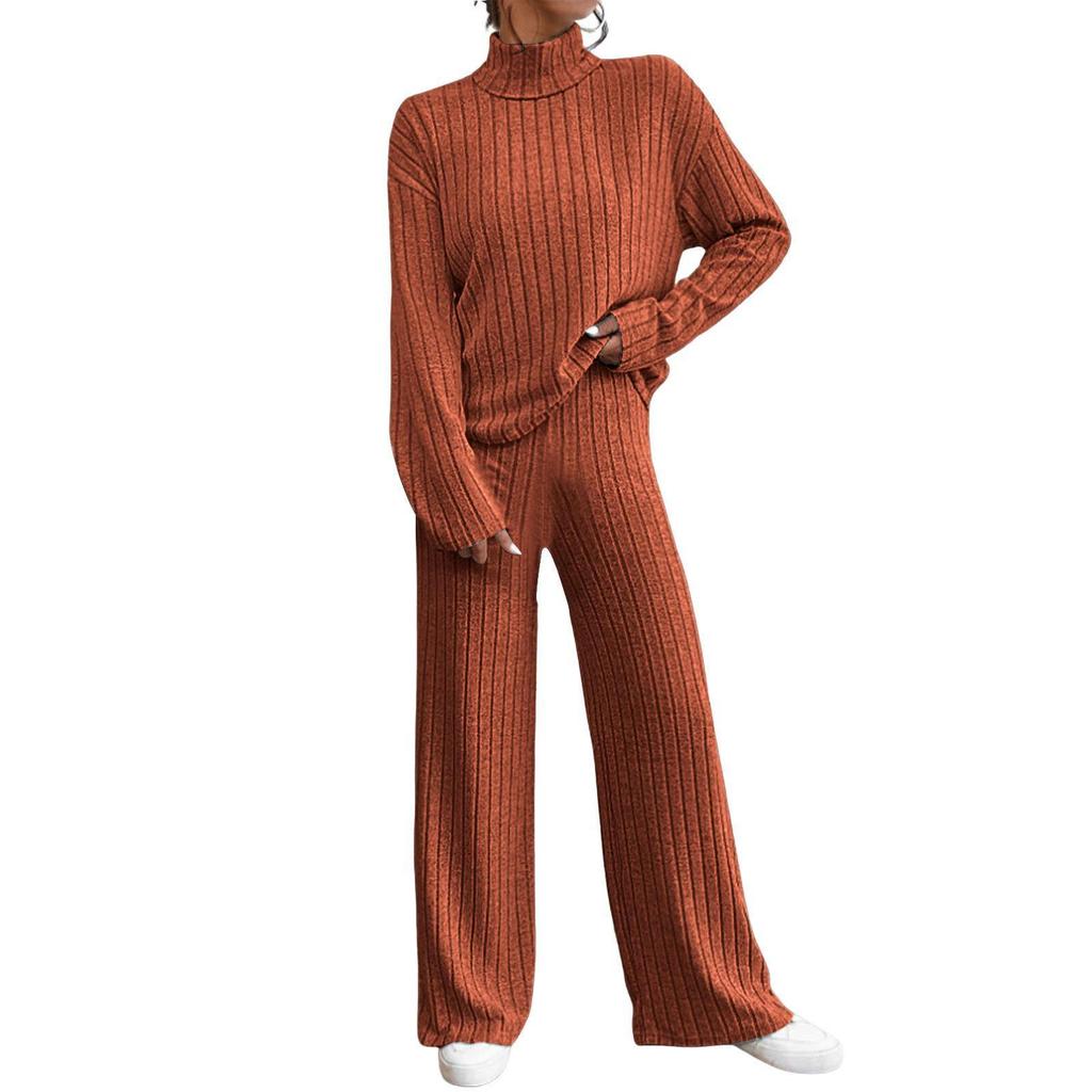 European & American 2023 Autumn/Winter High-Neck Knit Sweater & Loose Trousers Women's Two-Piece Casual Suit