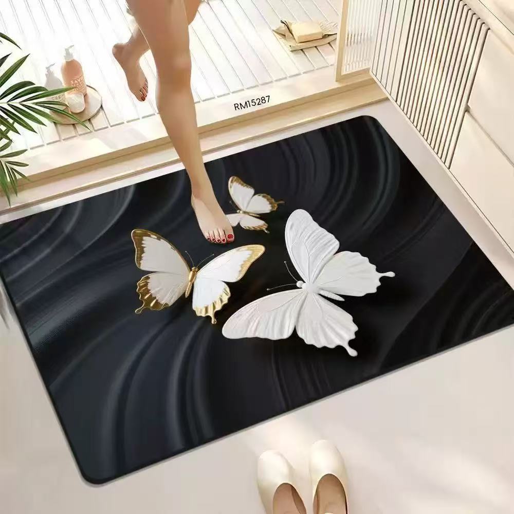 American Farmhouse Floral Doormat, 2D Wood Flower & Butterfly Non-Slip Home Entryway Rug  Floor Mat Kitchen Mat Door Mat