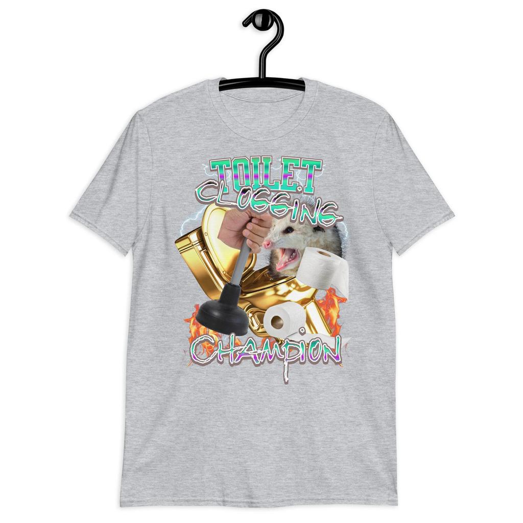 Toilet Clogging Champion Tshirt Funny Meme Graphic Tee Summer Mens and Womens Loose and Breathable Tshirt