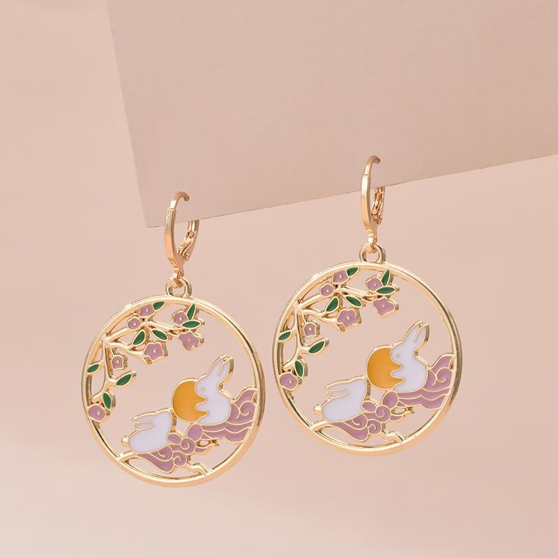 New Cute Gold Color Hoop Earrings For Women Girls Lovely Animal Cat Rabbit Squirrel Panda Sweet Dangle Earrings Enamel Jewelry