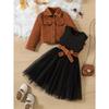 Девочки Осенний Комплект Безрукавный Пушистый Пряжа Юбка Пояс Накладной Карман Воротник Пальто с Длинным Рукавом Топ Модный