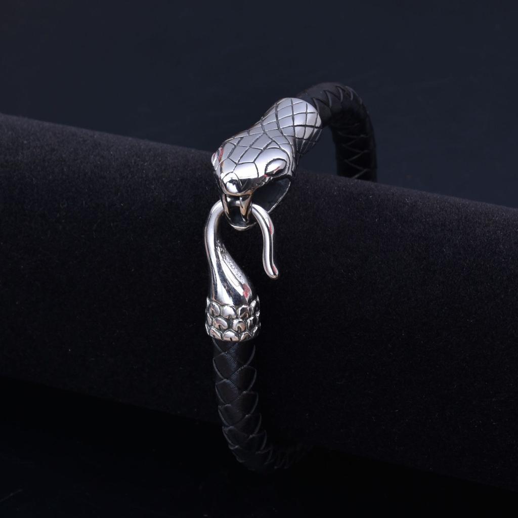 Мужской браслет викингов из нержавеющей стали со змеиным хвостом и змеиной головой, браслет из натуральной кожи 