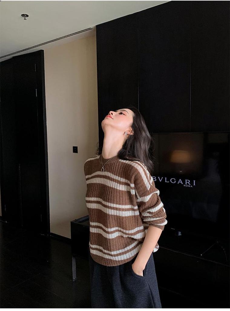 Women's Striped Cashmere Sweater: 2025 Autumn/Winter Loose Fit, Soft Lazy Style Top