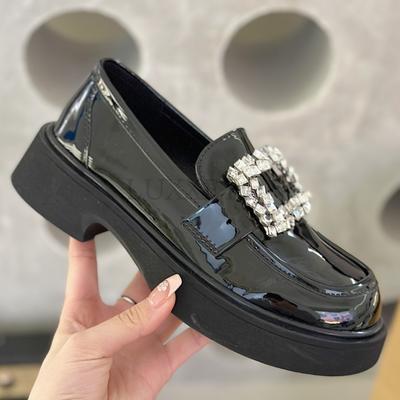 Низкие толстые каблуки Лоферы Женские Маленькие кожаные туфли Лолита Женские оксфорды со стразами Платформа Плоские женские кроссовки с круглым носком