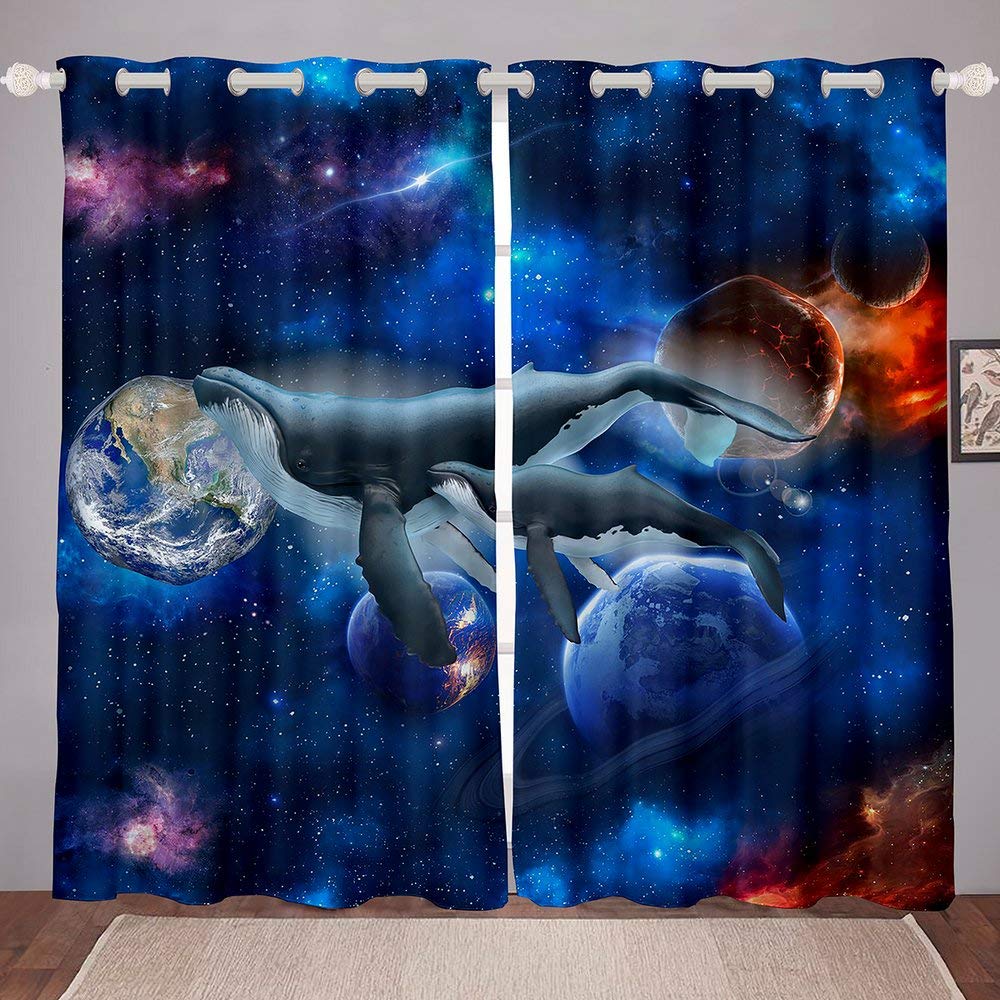 Cute Cartoon Dolphin Curtains Grommet Light Filtering Window Print Pattern Sea Animal Theme Curtain Bedroom Living Room 2 Panels