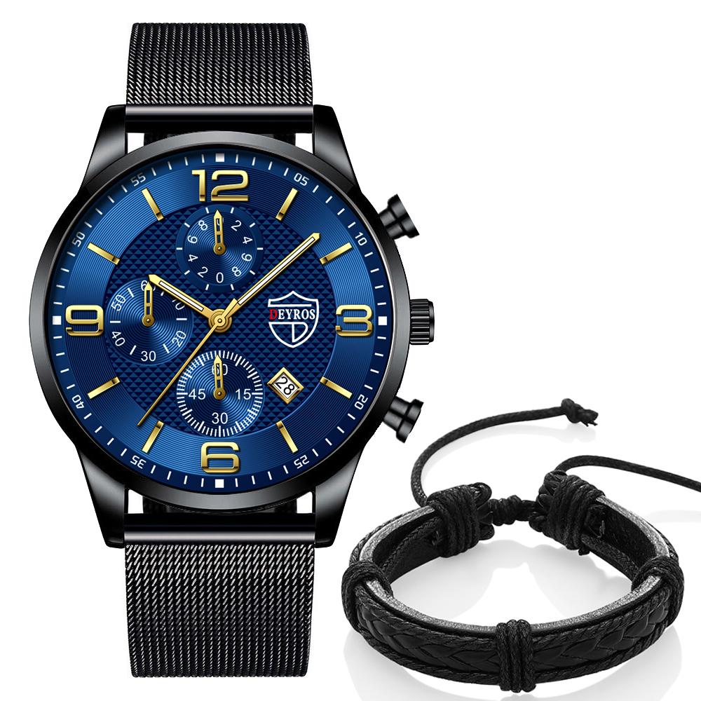 Модные черные мужские часы из нержавеющей стали, кварцевые наручные часы с календарем, роскошные мужские часы с круглым циферблатом, аналоговые часы, браслет, набор