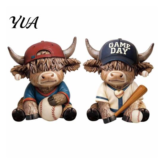 Collectible Calf Sculpture 2Pcs Baseball Bull Figurines, Creative Resin Animal Statue for Desk Shelf, Decorative Figurine Home Office Decor,