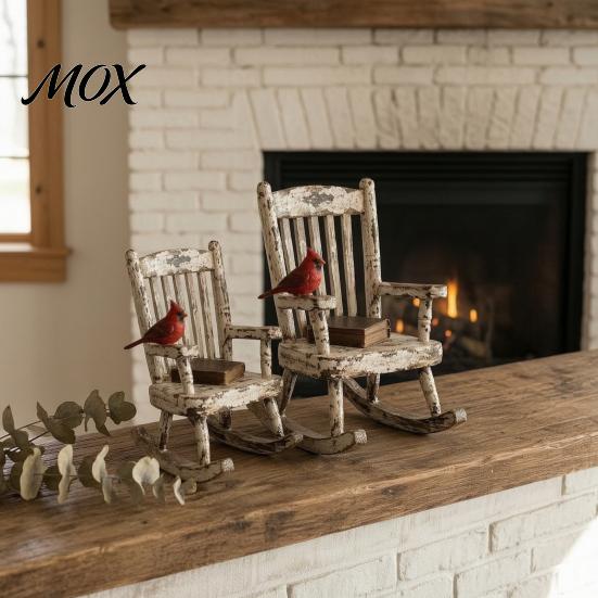 Seasonal Festival Decoration Red Bird Memorial Rocking Chair Figurine, Small Resin Ornament Unique Tabletop Centerpiece for Fireplace Bookshelf Decor,