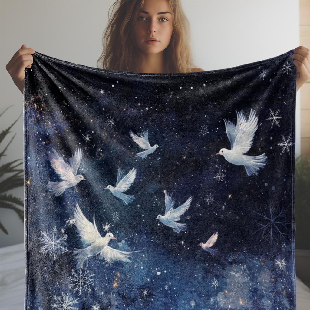 1pc Flannel Throw Blanket, White Doves & Snowflakes Print, Soft Warm Cozy Blanket for Sofa, Bed, Car, Office, Camping, Travel, A