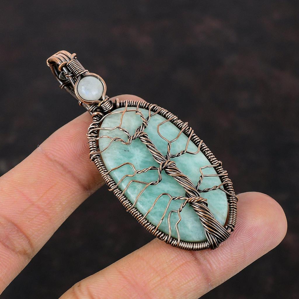 Древо жизни амазонит драгоценный камень кулон медная проволока обернутый кулон радуга лунный камень проволока кулон ювелирные изделия для подарков ручная работа медные украшения