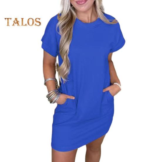 Женское платье-футболка с коротким рукавом, повседневное короткое платье с круглым вырезом и карманами, летнее мини-платье-футболка