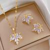 1 Pair Stud Earrings +1 Pc Necklace With Golden Maple Leaf Design Copper Jewelry Set Zirconia Inlaid Vintage Elegant Style Trendy Female Gift