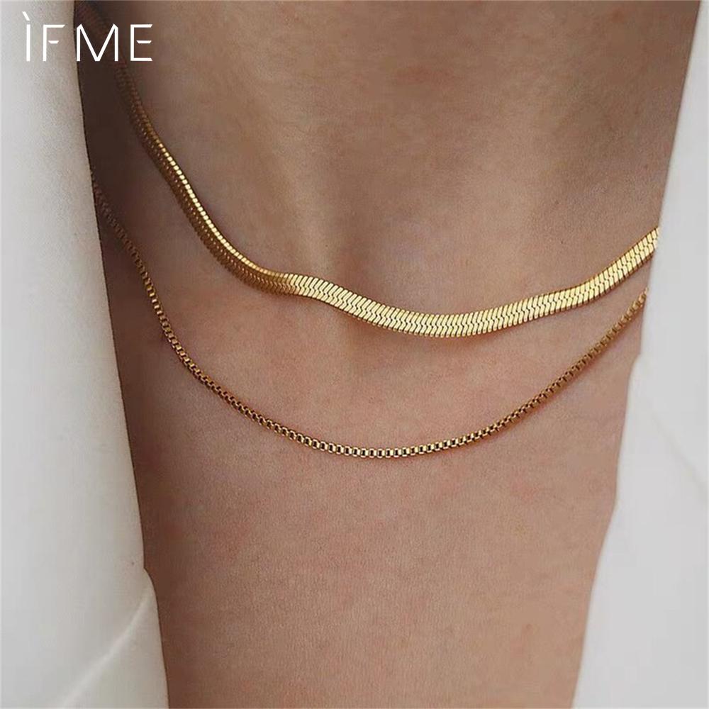 iF ME 1PCS Vintage Layered Flat Snake Chain Herringbone Necklace for Women Simple Gold Color Metal Clavicle Chain Necklaces Party Jewelry