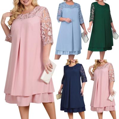 Женское сплошное цветное лоскутное кружевное повседневное платье с половиной рукавом и круглым вырезом большого размера