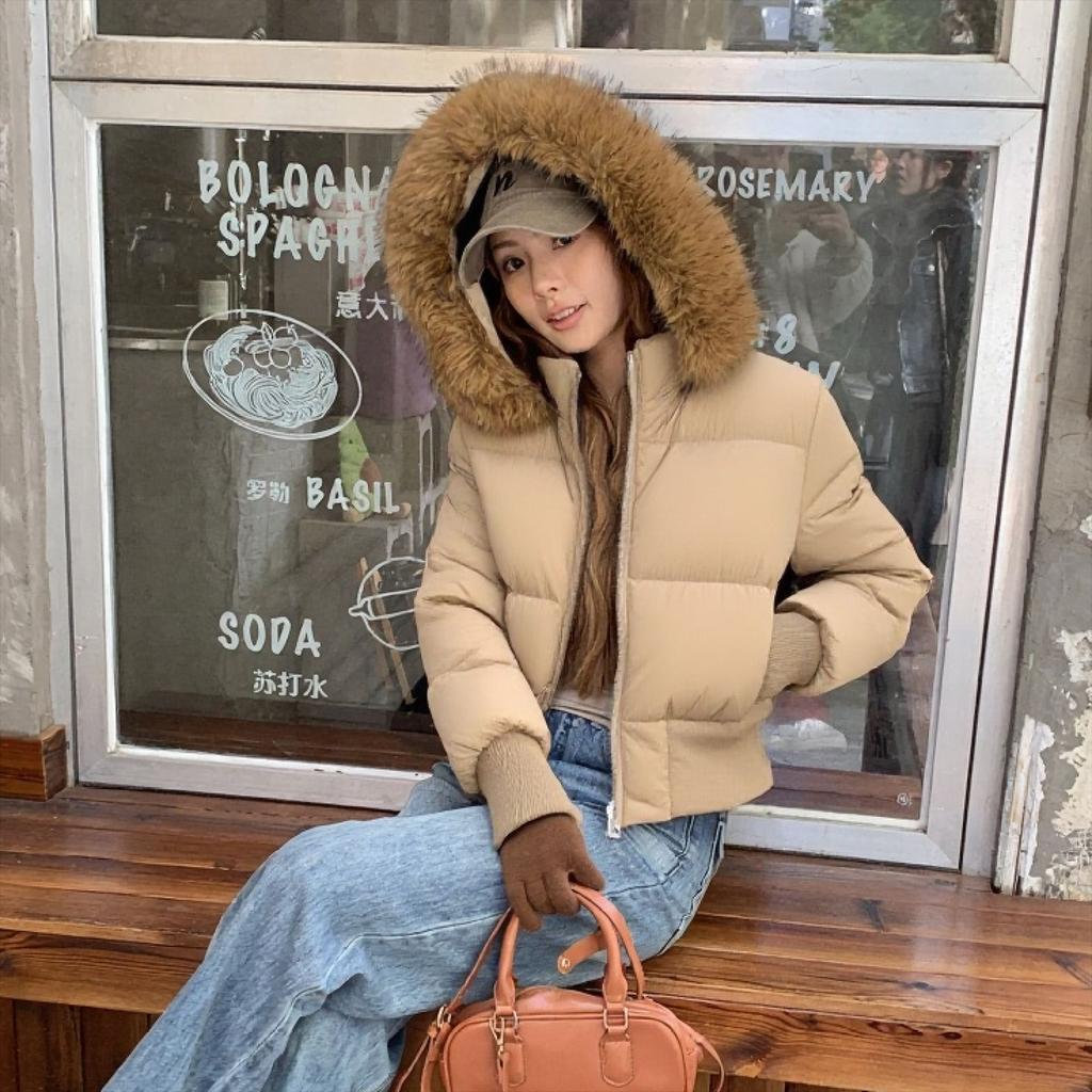Small slim-fitting winter cotton-padded clothes women's big fur collar hooded short cotton-padded jacket, double zipper windproof and versatile so