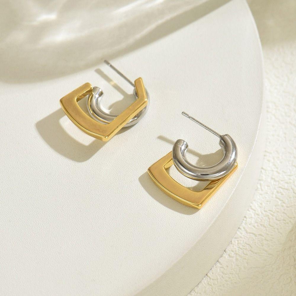 Two-tone Design Double Layer Earrings Mix Color Geometric Earrings No Piercing Earring Retro Style