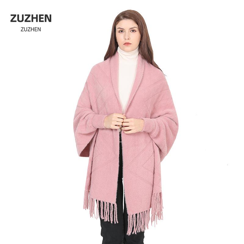Foreign Trade Plaid Solid Color Mink Long-Sleeved Shawl Women'S Warm Jacquard Double-Sided Shawl Knitted Cape