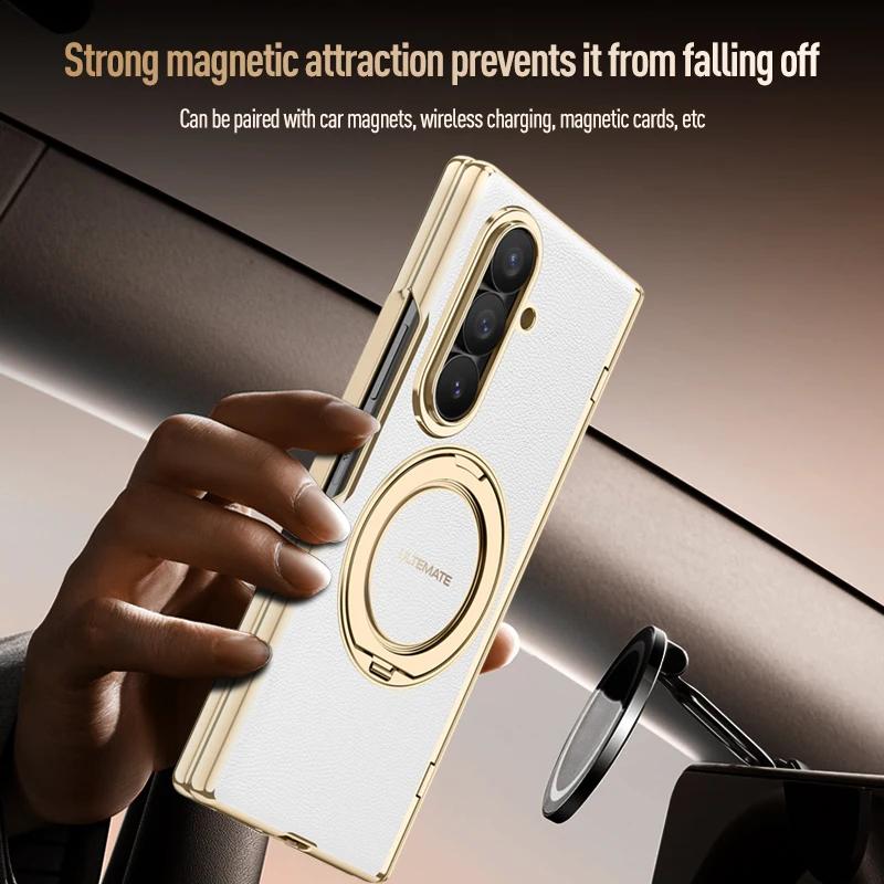 Luxury PU Leather Case For Samsung Galaxy Z Fold8 Fold 8 Ultra Rotating Magnetic Stand Hand Strap Metal Lens Glass Screen Cover