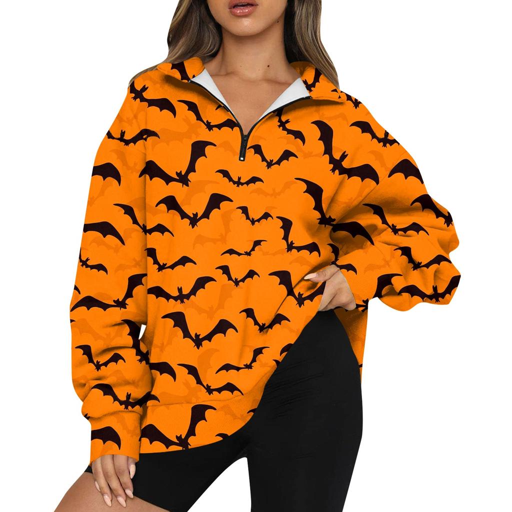 Women's Fashion Casual Long Sleeve Halloween Printed Zipper Turtleneck Drop Shoulder Sweatshirt Top