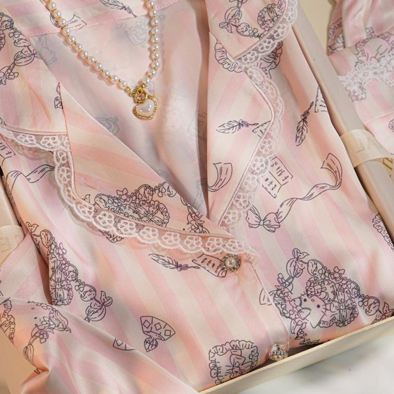 Hello Kitty Luxury Satin Ice Silk Pajama Set: Women's Sweet Print Lace Two-Piece for Spring/Fall