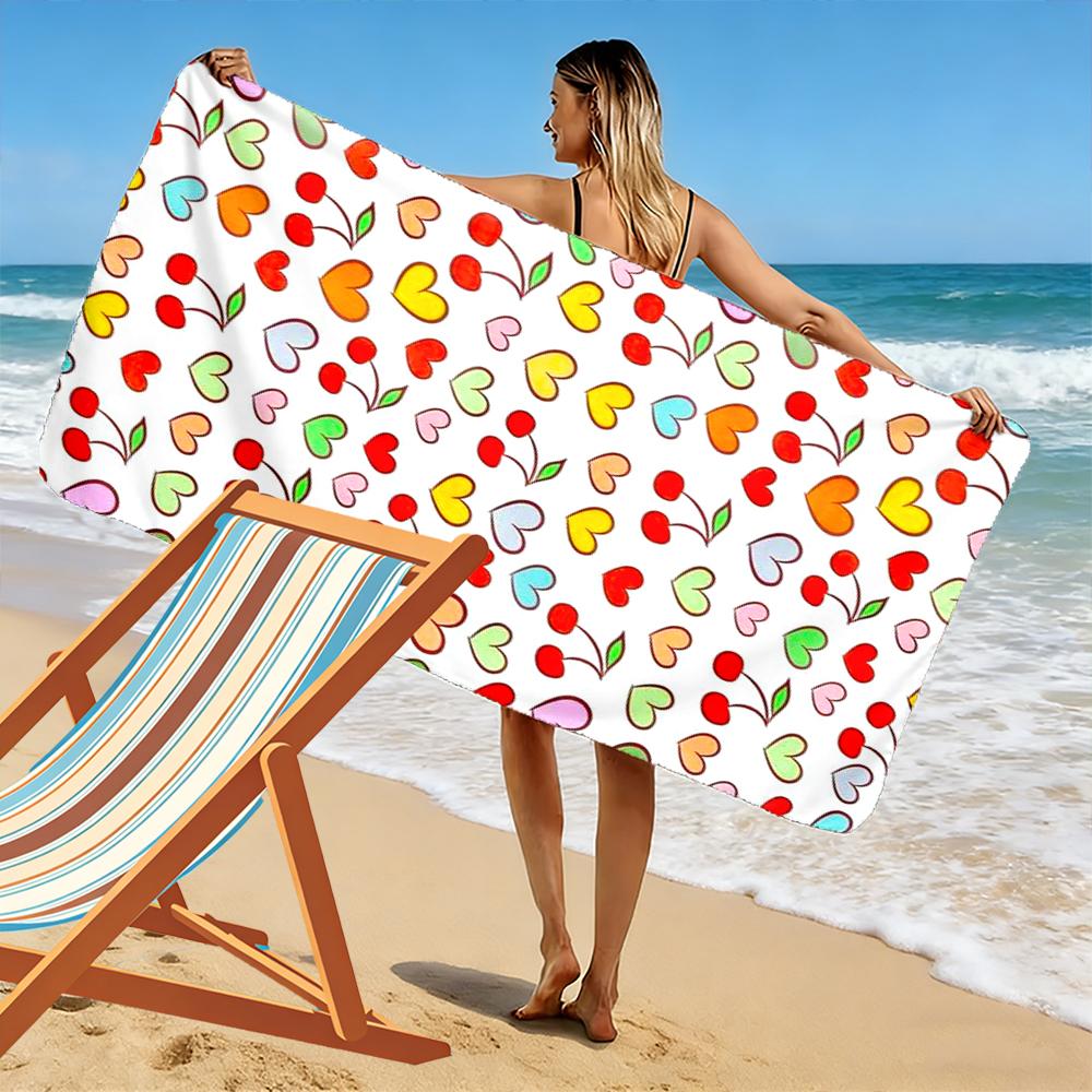 Colorful Hearts and Cherries Design Towel Beach towel quick-drying for travel outdoor sports jogging beach and swimming