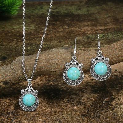 GemChic Женское Новое Винтажное Этническое Геометрическое Резное Бирюзовое Ожерелье Крючок Серьги Комплект Из Двух Частей Ювелирные Изделия Подарок На День Рождения Рождество