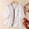 New Embroidered Retro Medium-sleeved Shirt Loose Temperament Casual Top