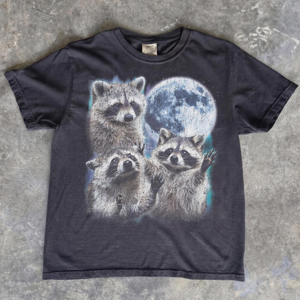 Three Raccoons Moon Shirt, Distressed Purple Tee, Vintage Animal T-Shirt, Feral Raccoon Graphic