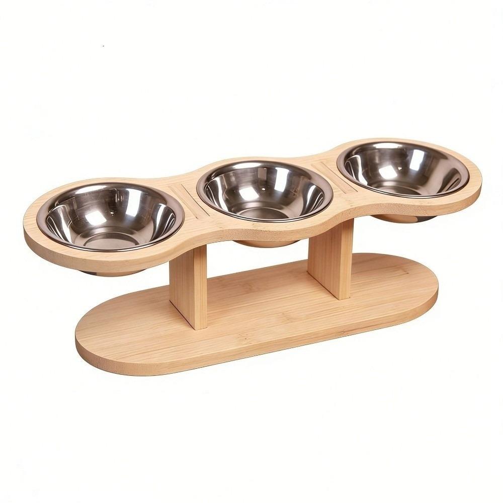 3 Bowls Elevated Pet Feeder Bowl Detachable Wood Stand Feeder Cat Food Water Bowl Feeding Watering