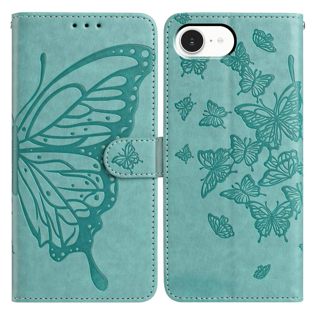 For iPhone 16e Case Butterfly Imprinted Wallet Stand PU Leather Flip Phone Cover with Strap