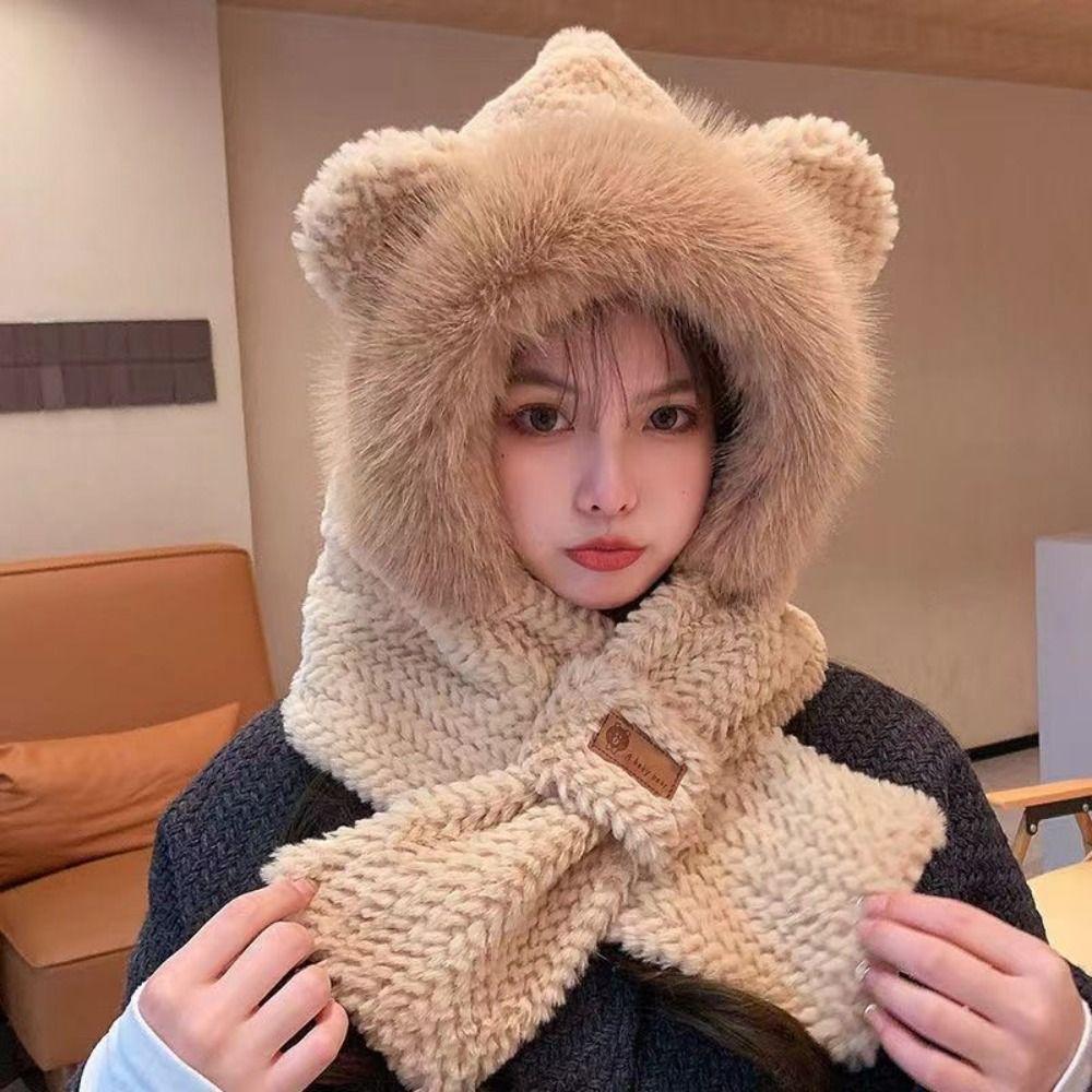Plush Beanie Hat Scarf Thickening Neck Warmer Winter Ear Protection Cap for Women
