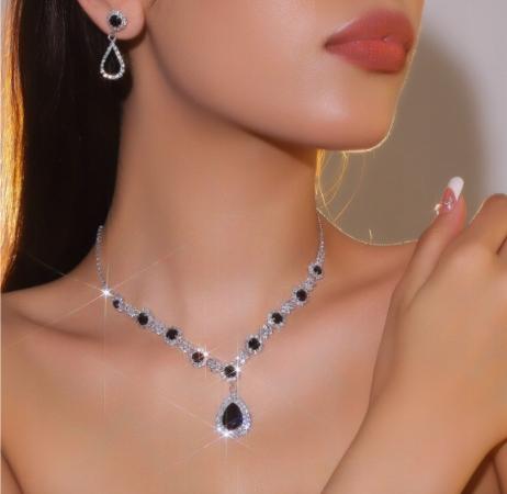 Set Earrings Necklace Wedding Silver Elegant Black Zircons B26