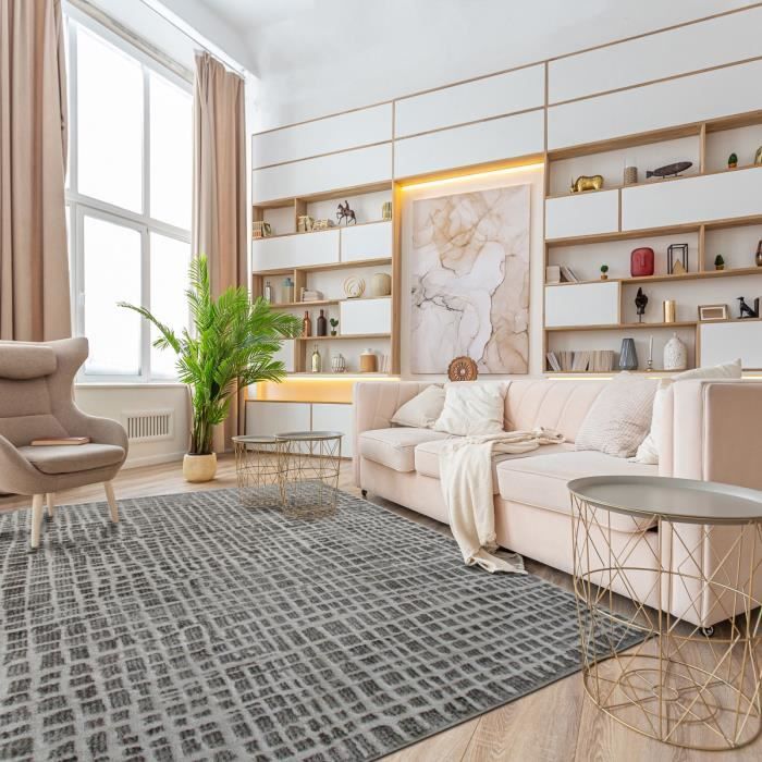 Modern Living Room Rug with Beige Ivory Square Patterns 160x230