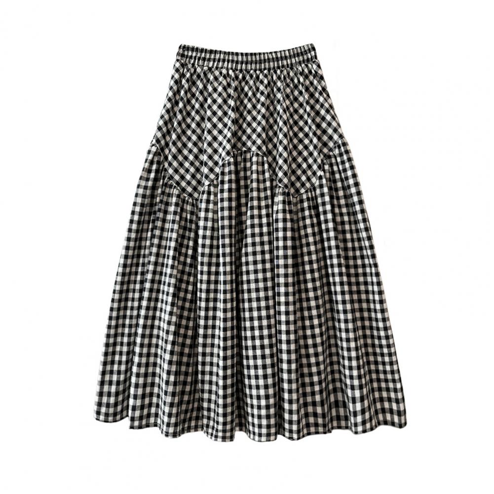 Women Plaid Print Skirt Midi Stitching Design Aline Skirt Elastic High Waist Retro Style Swing Skirt Daily Wear