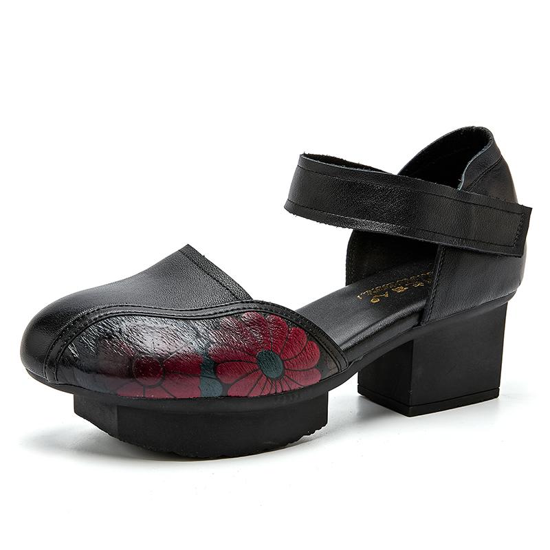 Fashion GKTINOO 2025 New Women Sandals Summer Genuine Leather Thick Heels Sandals Ethnic Style Round Toe Casual High Heel Mom Shoes