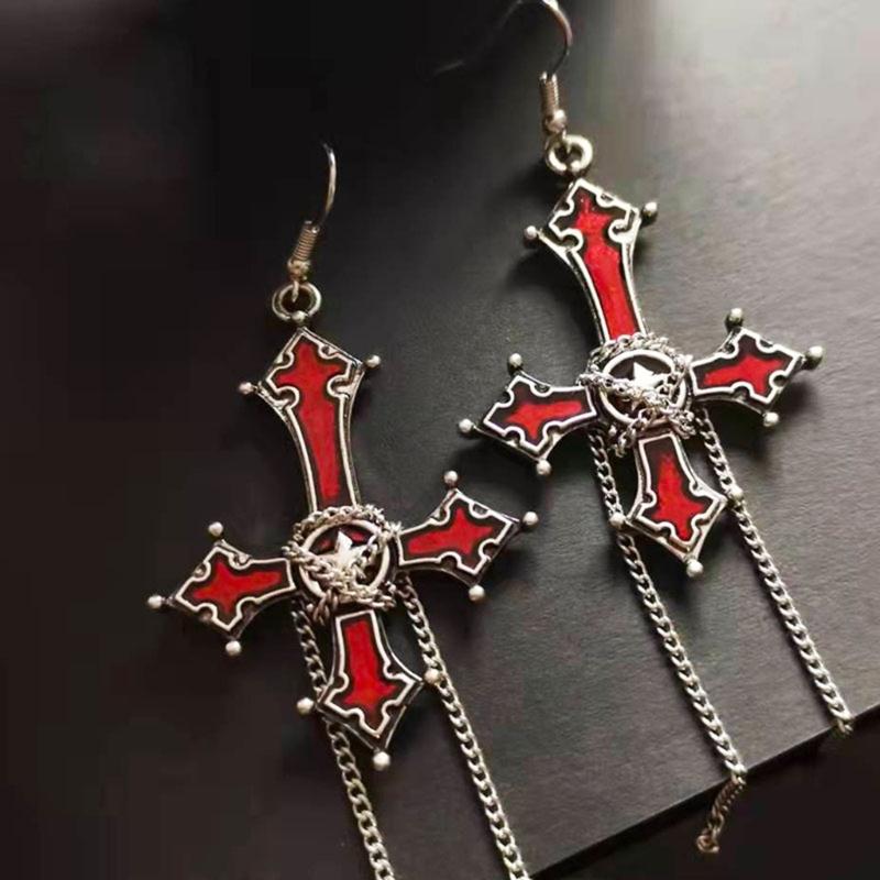 Gothic Style Punk Cool Cross-Earrings Long Chain Pendant Drop Earrings For Women Men Street Hip Hop Earring Jewelry Gift
