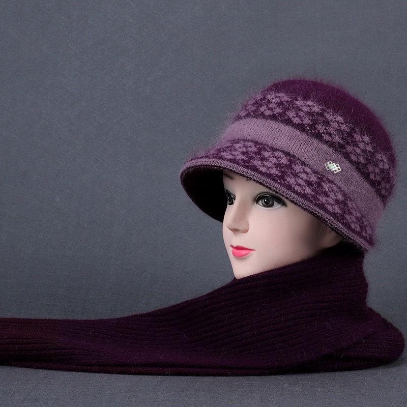 Warm Wool Knit Hat & Scarf Set for Middle-Aged & Elderly Ladies - Thickened Velvet for Autumn & Winter
