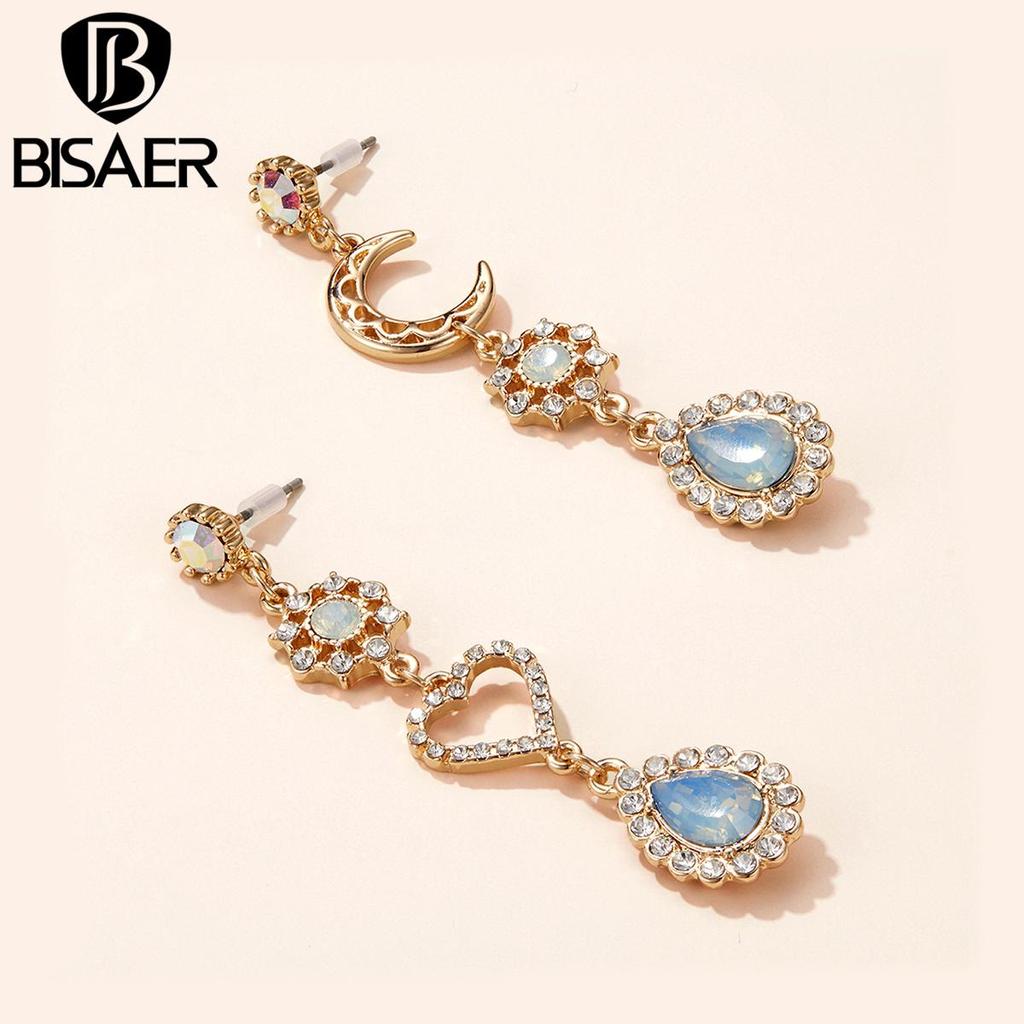 Bisaer Asymmetric Love & Moon Rhinestones Stud Earring for Ladyies Gentle Jewelry