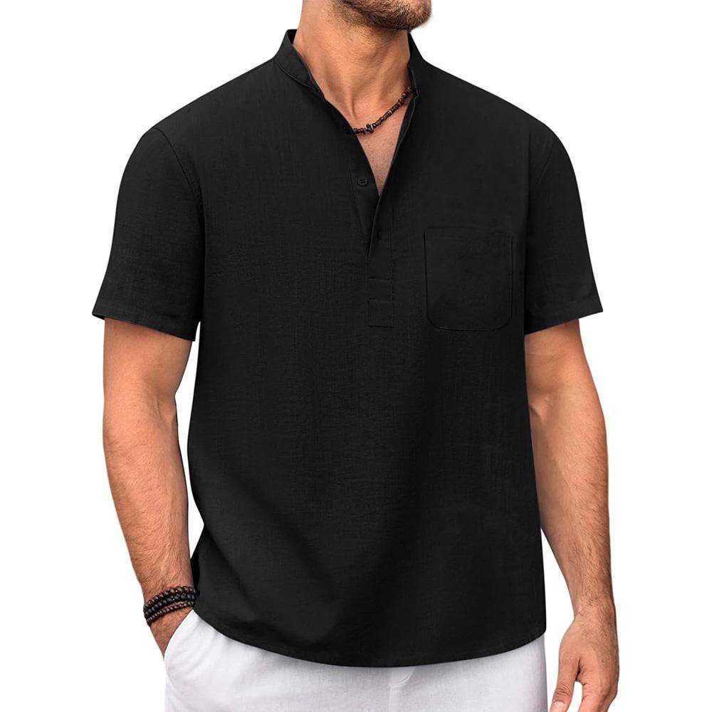 Мужская футболка из хлопка и льна, хенли, повседневная, однотонная, с коротким рукавом, легкая, дышащая, для отпуска, пляжного стиля