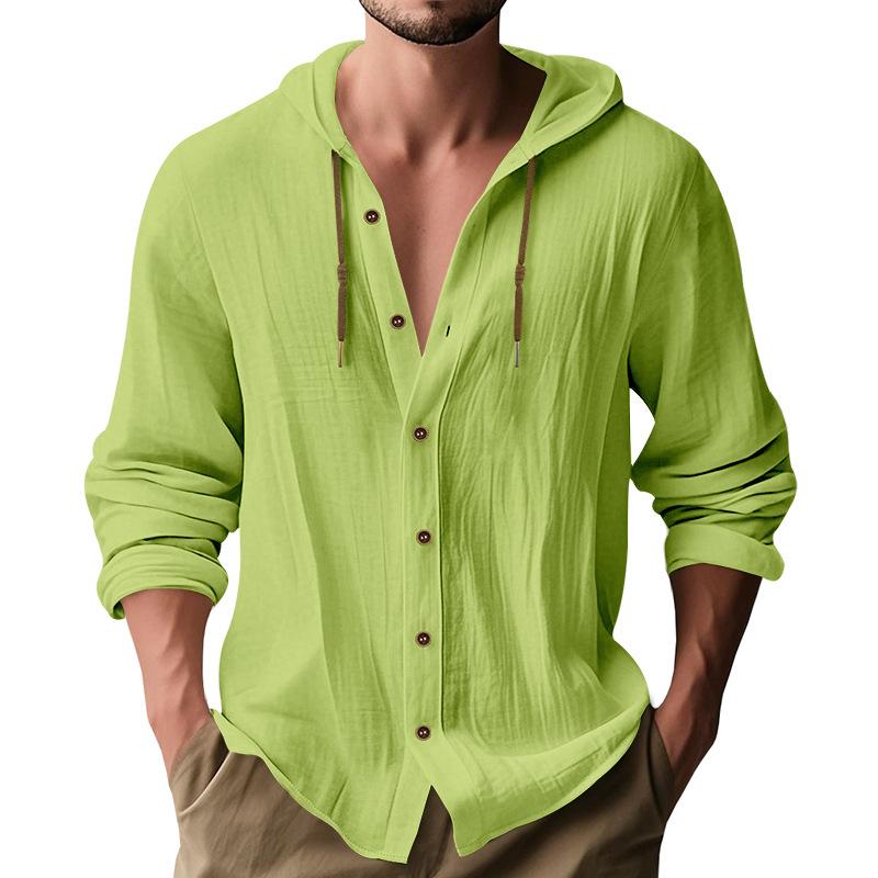 Men's Linen Blend Hooded Button Down Shirt Casual Long Sleeve