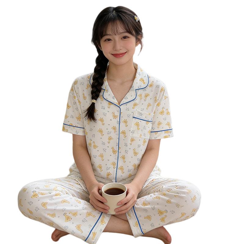 Imitation cotton cardigan pajamas women's summer short-sleeved trousers pastoral cartoon little yellow duck loose and comfortable loungewear