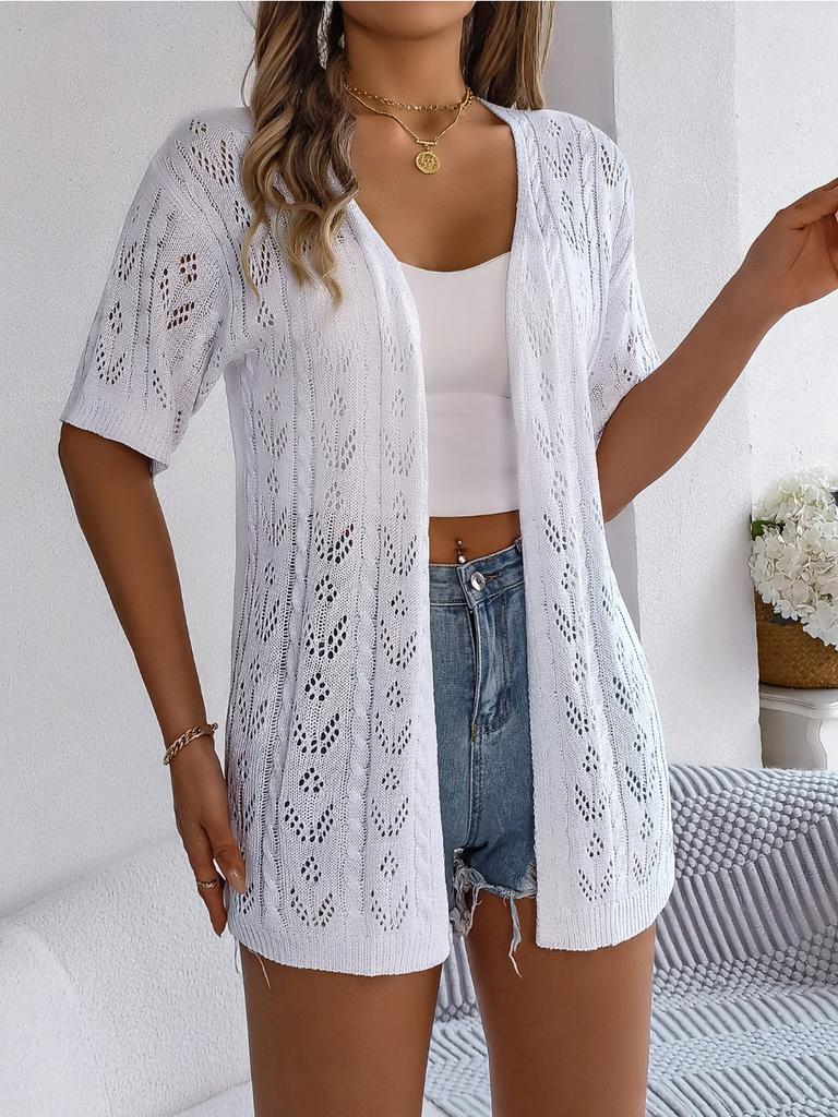 2024 Summer Woman White Hollow Short Sleeved Knitted Cardigan Vacation Sun Protection Shirt