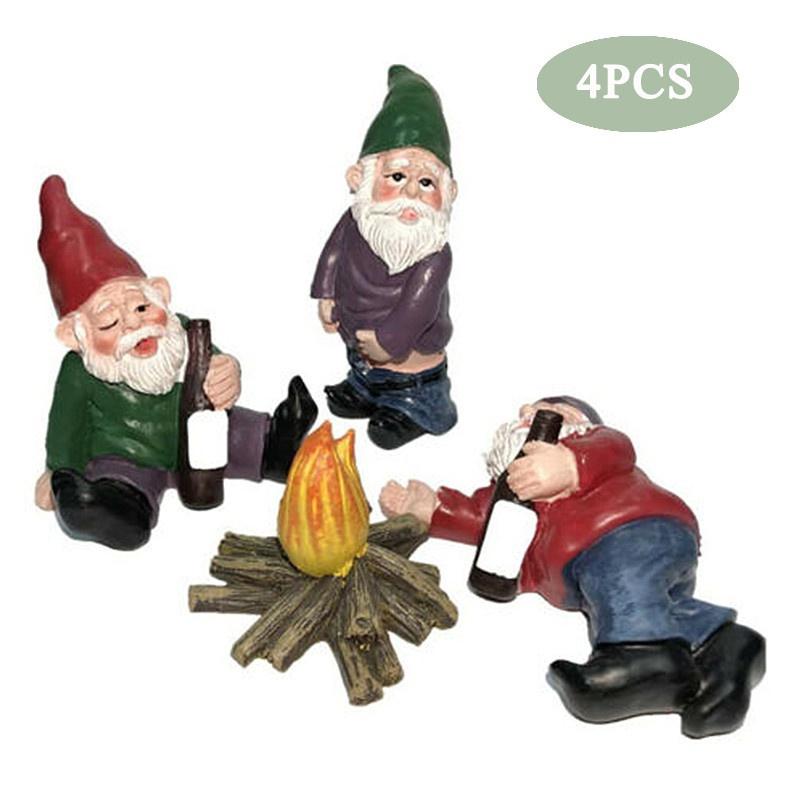 4PCS Fairy Garden Gnomes Accessories My Little Friend Drunk Gnome Dwarfs Statue