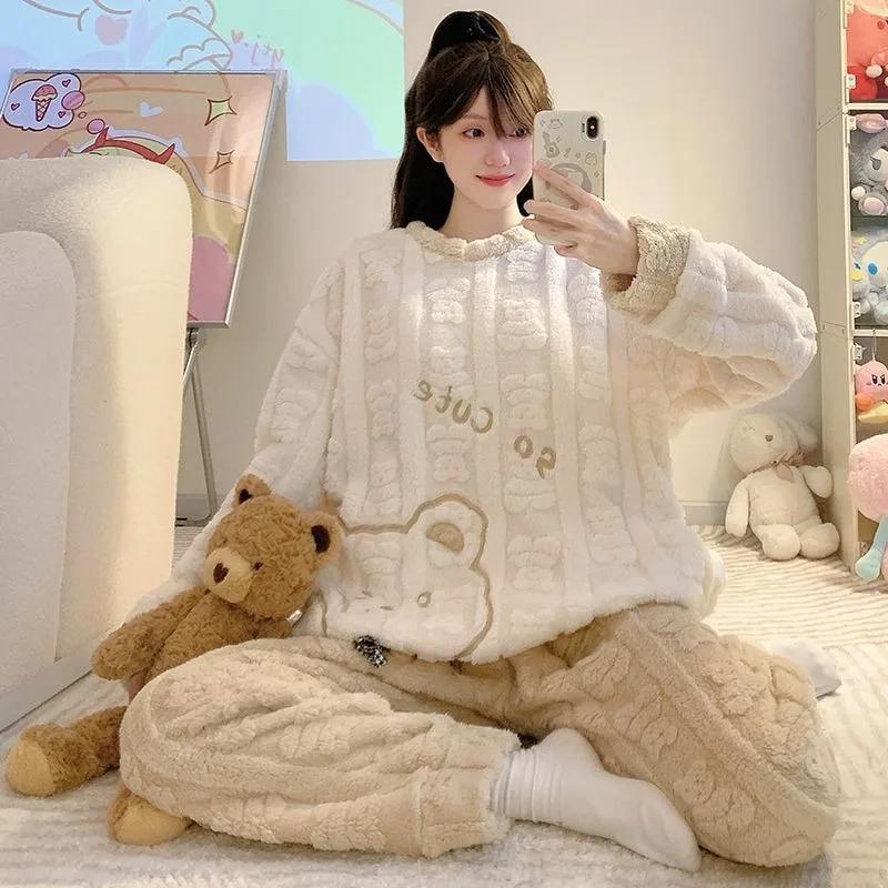 Коралловый флис пижама женская мультфильм милый зимний флис утолщенный комплект из 2 предметов фланель домашняя одежда пуловер и брюки