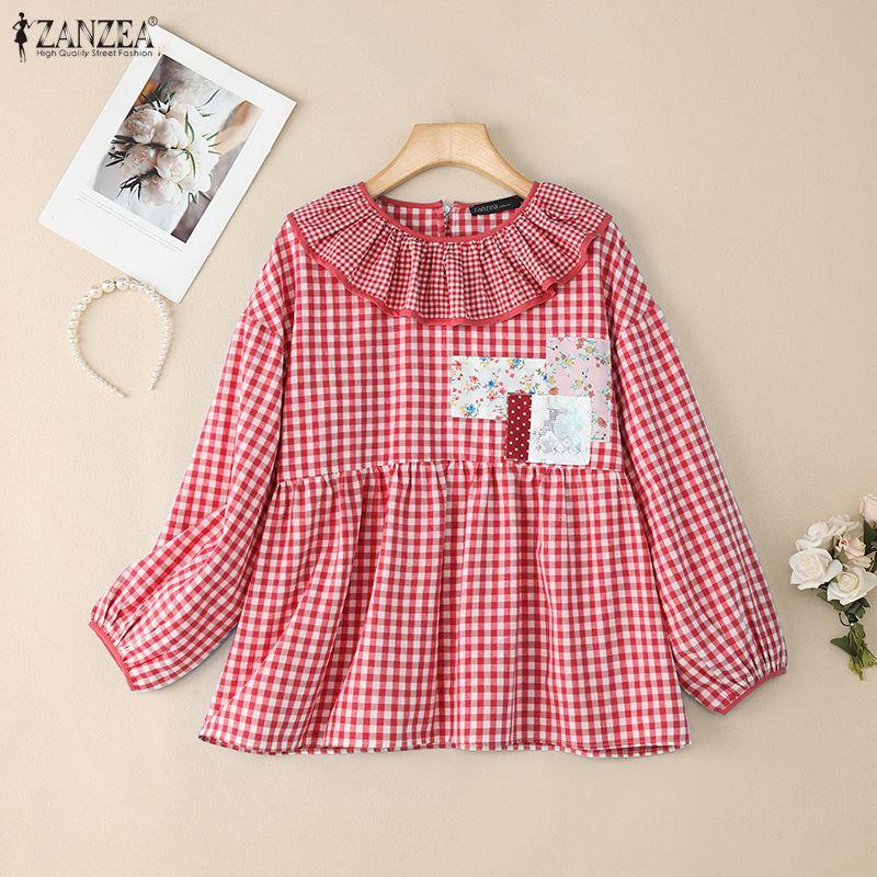 ZANZEA Женская повседневная блузка с оборками, круглым вырезом, свободным длинным рукавом и клетчатым принтом