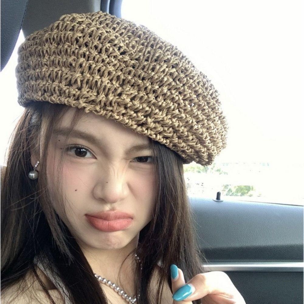 Ручной работы Соломенный берет Летняя шляпа художника Французская вязка Кепка Женская