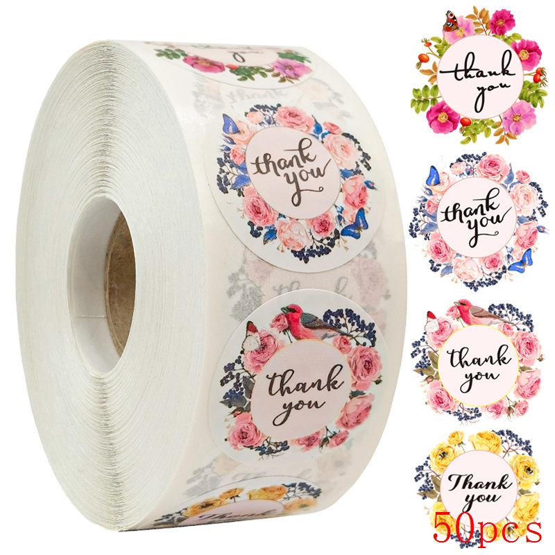 50-500Pcs 1'' Paper Hand Made Stickers Round Floral Thank You Stickers For Baking Envelope Business Seal Labels Sticker